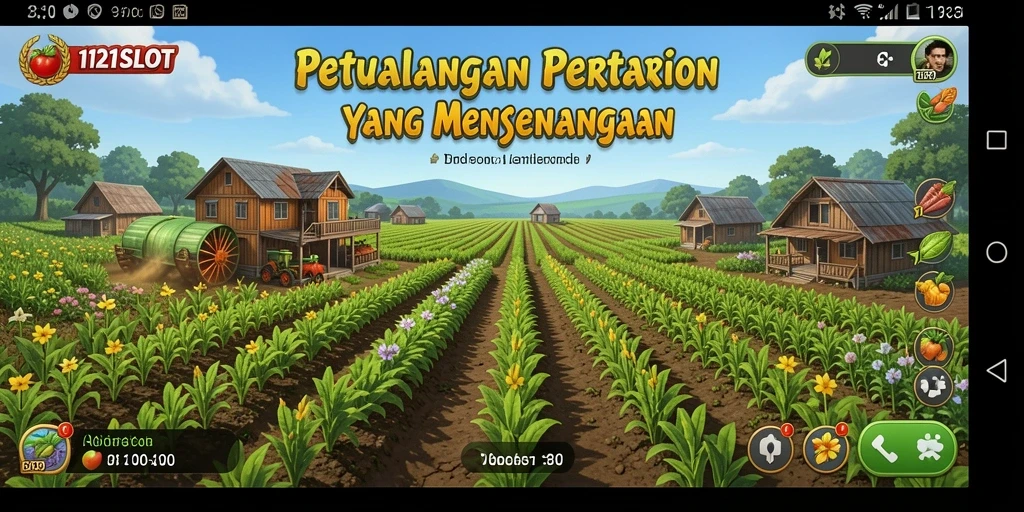 Screenshot gameplay <strong>1121SLOT</strong> yang menunjukkan pertanian yang subur dan aktivitas bertani.