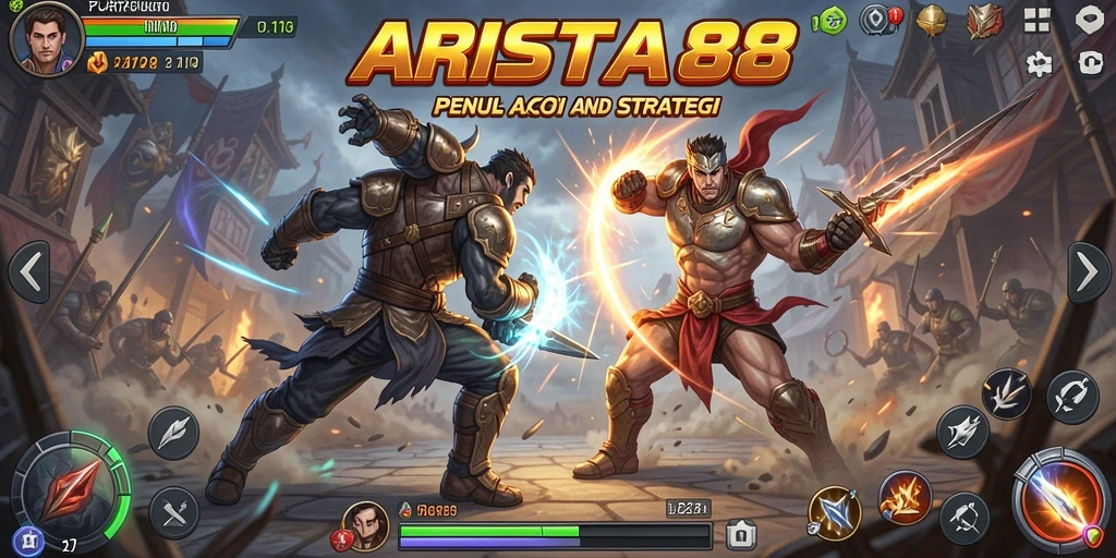 Tangkapan layar utama ARISTA88 menunjukkan pertarungan epik antar karakter.