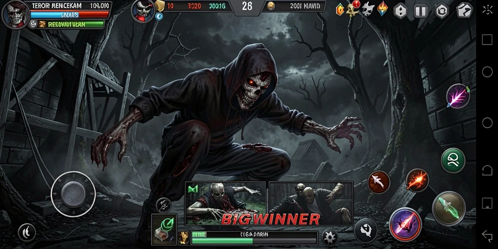 Screenshot dari gameplay <strong>BIGWINNER</strong> menampilkan suasana horor yang menyeramkan dan mencekam.