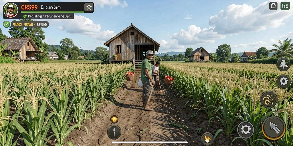 Screenshot gameplay <strong>CRS99</strong> menunjukkan lahan pertanian yang subur dan interaksi yang menarik.
