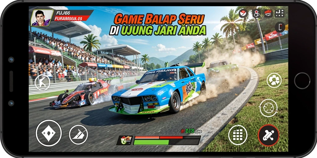 Screenshot menunjukkan aksi seru balapan di FUJI66.