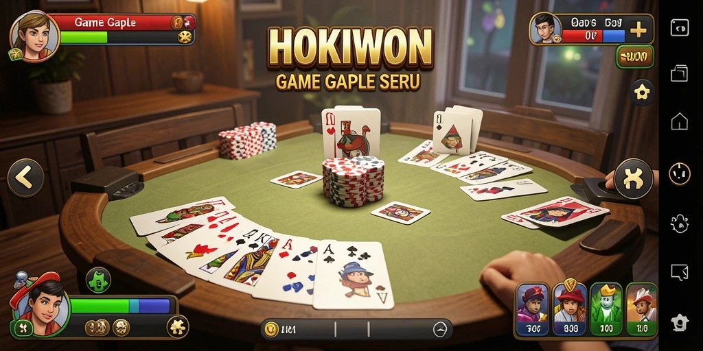 Tampilan gameplay seru di HOKIWON, menciptakan suasana bermain Gaple yang menegangkan.