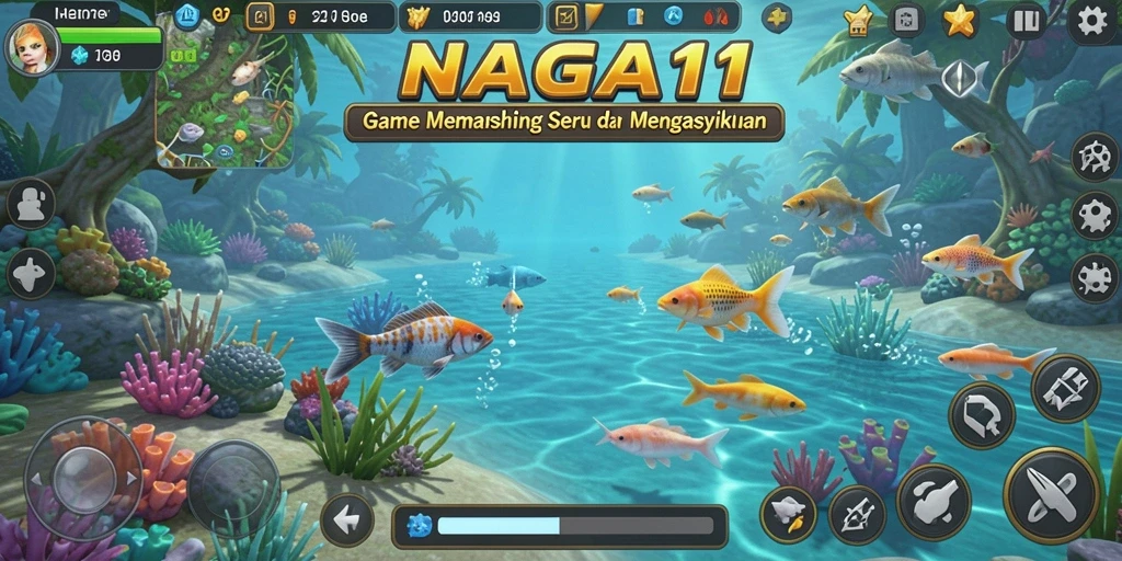 Screenshot gameplay NAGA11 yang menunjukkan aksi memancing yang seru.