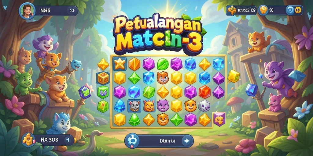 Screenshot NX303 menunjukkan gameplay Match-3 yang seru dan mengasyikkan.