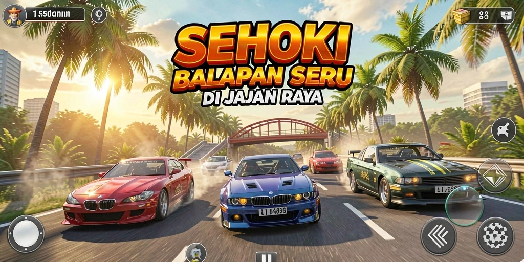 Screenshot gameplay SEHOKI menampilkan mobil balap beraksi di trek yang menantang.