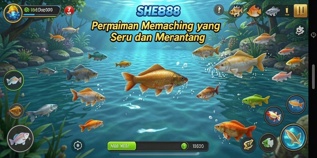 Tampilan permainan memancing dengan grafis yang memukau dan ikan yang beragam.
